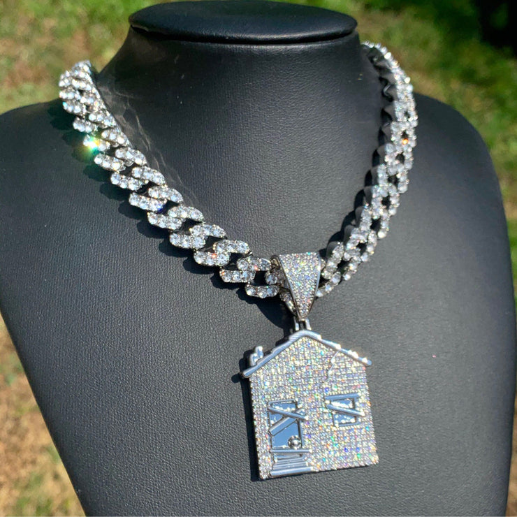 White Gold Trap House Pendant & Cuban Link Chain Bundle